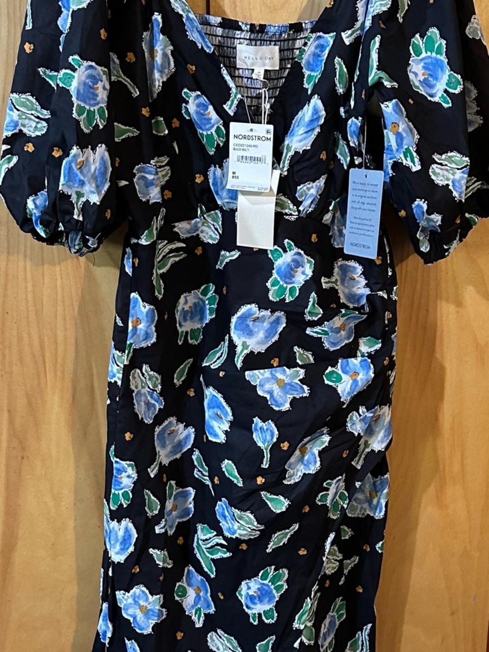 NWT MELLODAY Black Floral Wrap-Style Dress with Blue & Green Blooms Size: M